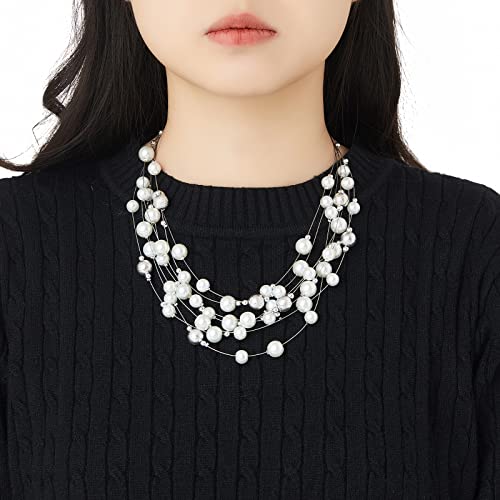 FULU AUTUMN Layered Pearl Necklace Multi-strand Pearl Choker Necklaces for Women Beaded jewelry for Wedding Parties - color: 37-White