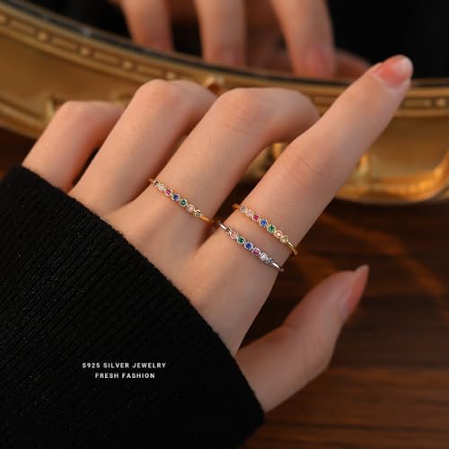 Rainbow Diamond Stacking Thin Ring for Women 925 Sterling Silver Cubic Zirconia Colorful Round Crystal Adjustable Open Statement Finger Bands Eternity Promise Rings Dainty Jewelry Gifts