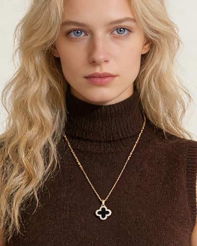 Four Leaf Clover Necklace 18K Gold Plated Necklaces for Women Lucky Flower Pendant Adjustable Link Chain Stainless Steel Dainty Trendy Simple Jewelry Gifts for Women - color: 1G-White+Black