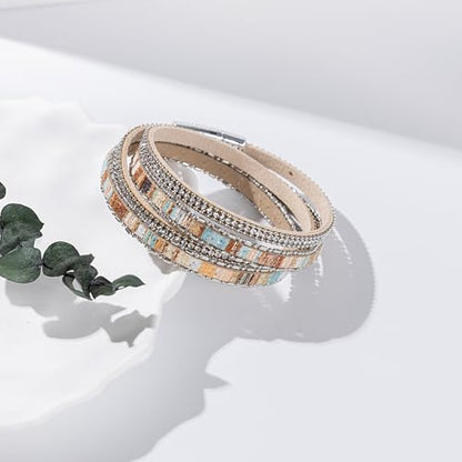 Boho Double Wrap Leather Bracelets Stackable Layered Western Hippie Jewelry | Colorful Stacked Bohemian Statement Chunky Magnetic Clasp Cuff Bangles Cowgirl Country Summer Beach Outfits for Women Trendy - color: Beige