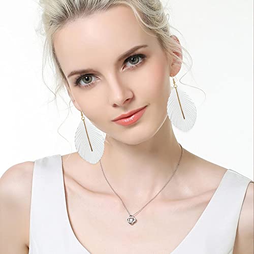 YUNXI Large Genuine Soft Leather Handmade Fringe Feather Lightweight Leaf with Simple Drop Metal Bar Tear Drop Dangle Color Earrings for Women - color: White