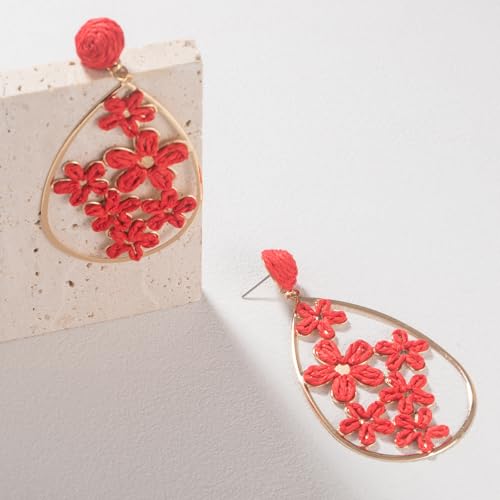 Boho Raffia Flower Teardrop Earrings Cute Colorful Dangle Trendy Jewelry | Floral Drop Statement Big Dangling Earring Hypoallergenic Gold Fun Unique Summer Spring Beach Vacation Outfits for Women - color: Red