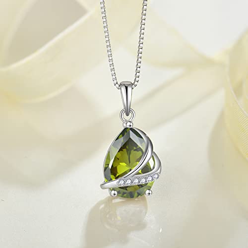 Birthstone Pendant Necklace 925 Sterling Silver Teardrop Jewelry for Women - color: Olive Green