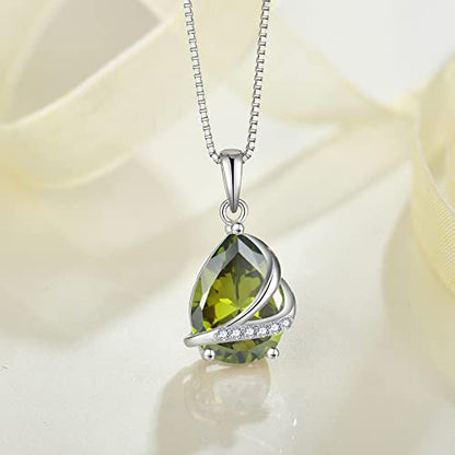 Birthstone Pendant Necklace 925 Sterling Silver Teardrop Jewelry for Women - color: Olive Green