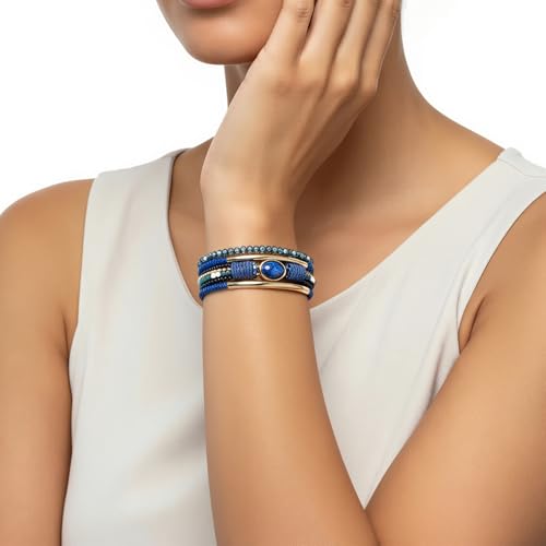 Edoneery Leather Wrap Bracelets for Women, Boho Layered Cuff Bangle | Multi-layer Leather Cuff, Daily wear, Stackable Bangle, Easy on-off, Western Jewelry Gifts for Women - color: Blue-1