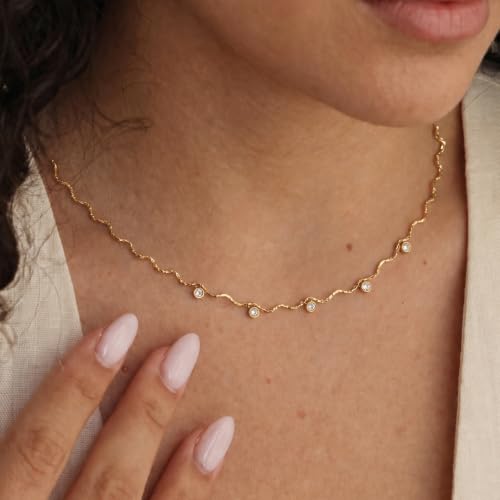 Dainty Gold Twisted Chain Wave CZ Charm Choker Clavicle Necklace for Women | Waterproof Hypoallergenic Stainless Steel ,Minimal Delicate Layering Jewelry Gifts for Summer Daily