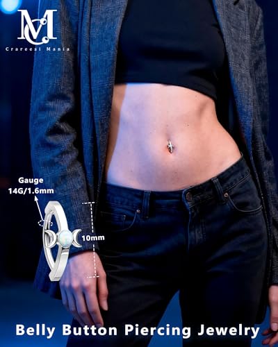 CM Crareesi Mania Moon Phase Belly Button Rings 14G Reversed Belly Rings for Women 316L Surgical Steel Belly Piercing Clicker Ring
