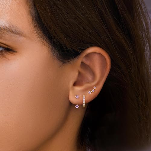 3 Pairs Dainty Small Earrings Set for Women Trendy, Birthstone Stud Huggie Hoop Jacket Stack for Cartilage Helix, Gold Plated Hypoallergenic Cute Women Fashion Accessories Western Jewelry Gifts - color: 06Purple Created Alexandrite-June (Gold)