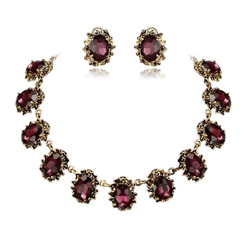 BriLove Victorian Style Statement Necklace Pierced Earrings Jewelry Set for Women Crystal Floral Cameo Inspired Oval Jewellery for Party Prom - color: Amethyst Color Antique-Gold-Plated-Base