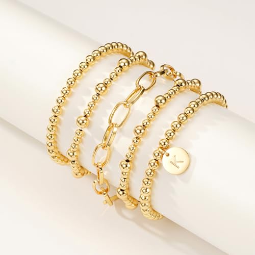 Beaded Bracelets for Women, 18K Gold Plated Initial A-Z Stretch Bead Ball Stackable Bracelet with Letter Jewelry Set Gifts - size: Gold-A