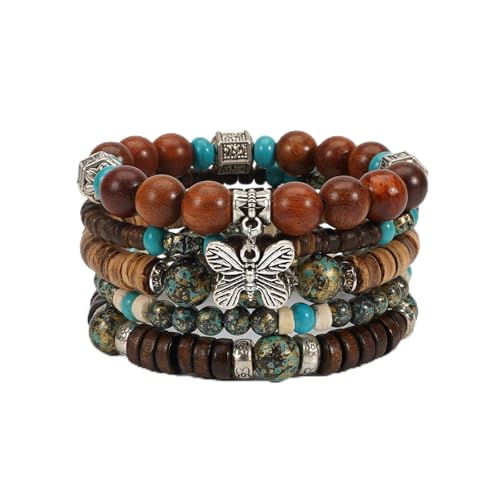 Boho Wooden Beads Bracelets Bohemian Bracelet Stack for Men Women Wood Beaded Bracelet Set - color: A