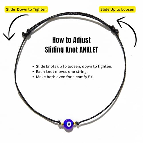 Zeytin 2pc Evil Eye Anklet Set for Women, Boho Ankle Bracelet | Turkish evil eye, blue glass bead, black parachute cord, 6-13 inch fit, gold plated stoppers, beach anklet, festival jewelry