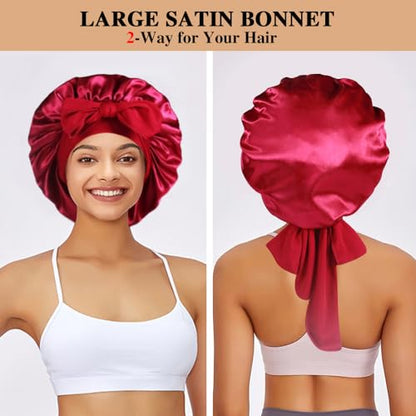 2+3 Large Satin Bonnets with Scrunchies for Women, Hair Bonnet Sleeping Tie Bonnet for Braids Curly Hair - color: G - Wine Red, Navy