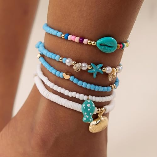 Cicy Bell Boho Ankle Bracelets Set for Women Beach Jewelry Bead Anklets | Hawaiian Shell Starfish Charm,Adjustable,Waterproof Non Tarnish,Summer Vacation Foot Jewelry - color: Gold E