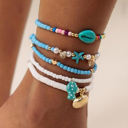 Cicy Bell Boho Ankle Bracelets Set for Women Beach Jewelry Bead Anklets | Hawaiian Shell Starfish Charm,Adjustable,Waterproof Non Tarnish,Summer Vacation Foot Jewelry - color: Gold E