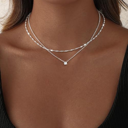 Dainty 14K Gold Plated/Silver Cubic Zirconia Diamond Necklaces for Women,Simple CZ Layered Gold Silver Necklaces Stack Trendy Jewelry Gifts - style: Layered Chain CZ-Silver