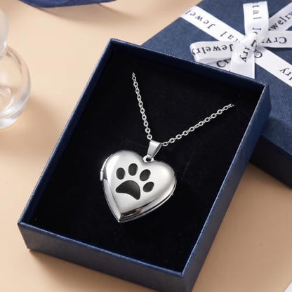 PHOCKSIN Personalized Locket Necklace for Women Photo Necklace with Customized Picture Birth Flower Birthstone Customizable Birthday Gifts - color: #02-Heart Silver Pawprint