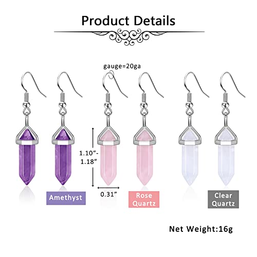 Jovivi 3Pairs Healing Crystals Earrings Sets for Women Natural Real Amethyst Rose Quartz Stone Healing Hexagonal Points Crystal Chakra Dangle Earrings - color: Style 1