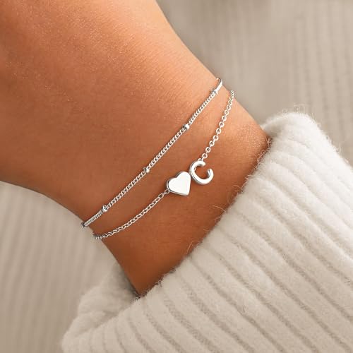 M MOOHAM Initial Bracelets for Women Teen Girls - Heart Letter A-Z Bracelet | Dainty 14K Gold Plated Jewelry, Heart Initial Bracelet, Bracelets for Women Girls Trendy, Birthday Gifts for Women Girls Her - color: Silver - C