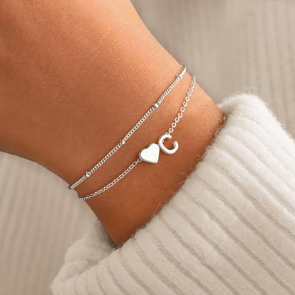 M MOOHAM Initial Bracelets for Women Teen Girls - Heart Letter A-Z Bracelet | Dainty 14K Gold Plated Jewelry, Heart Initial Bracelet, Bracelets for Women Girls Trendy, Birthday Gifts for Women Girls Her - color: Silver - C