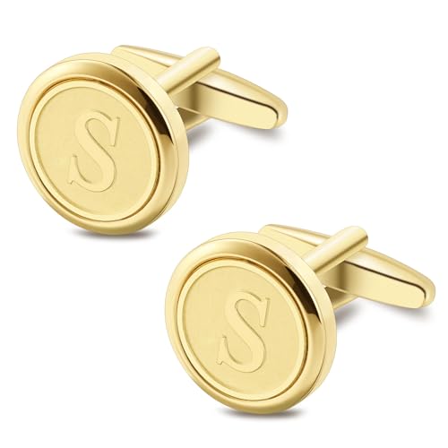 Initial Letter A-Z Cufflinks for Men Silver/Gold/Black Cufflinks 26 Alphabet Letter Copper Cufflinks for Formal Occasions Gifts Anniversary Business Wedding for Bridegroom Groomsmen - size: Gold, style: Initial: S