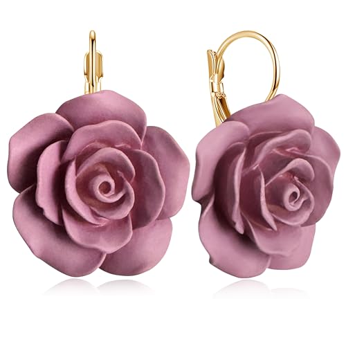 Handmade Bohemian Aesthetic Dainty Acrylic Flower Petal Leverback Earrings Sparkly 14K Gold Floral Dangle Drop Earrings for Women - color: Dark Purple