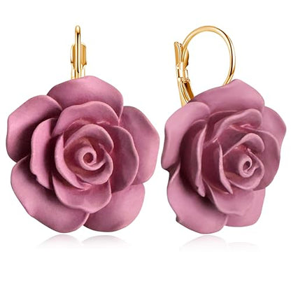 Handmade Bohemian Aesthetic Dainty Acrylic Flower Petal Leverback Earrings Sparkly 14K Gold Floral Dangle Drop Earrings for Women - color: Dark Purple
