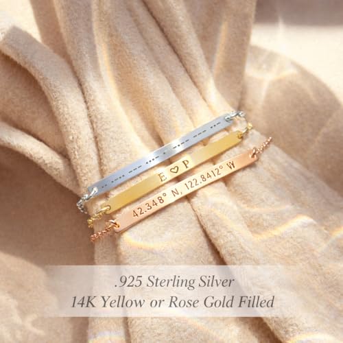 Personalized Skinny Bar Bracelet with Name or Coordinates – Custom Engraved Dainty Name Bracelet for Women – 14k Gold Filled or 925 Sterling Silver