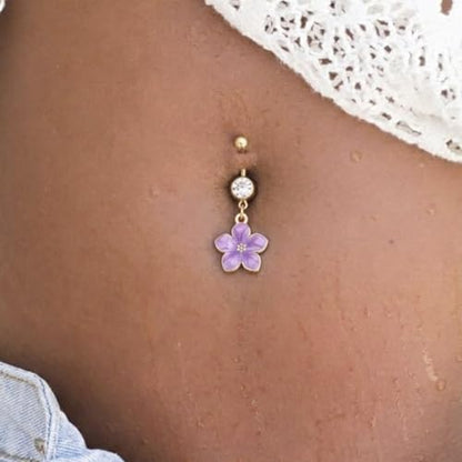 Flower Belly Button Ring for Women 14K Gold Plated Cubic Zirconia Navel Piercing Jewelry Stainless Steel CZ Crystal Charm Belly Ring Hypoallergenic Belly Bar for Women - color: Purple