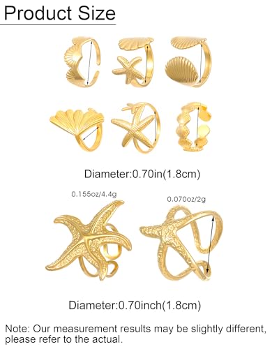 Chunky Gold Shell Starfish Ring Set for Women Trendy Gold Flower Scallop Seashell Starfish Gemstone Rings Adjustable Stacking Statement R-ings Non Tarnish Spring Summer Jewelry Accessories - color: A6:6 pcs
