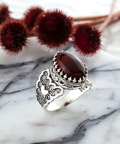 Filigranist 925 Sterling Silver Handcrafted Filigre Art Double Heart Detailed Women Cocktail Ring with Gemstones - color: Carnelian