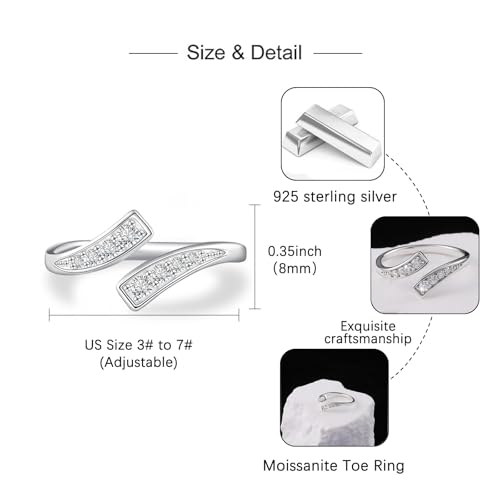 Moissanite Toe Ring for Women - 925 Sterling Silver 3mm 0.3CT Adjustable Round Moissanite Toe Ring Pinky Ring D Color VVS1 Size 3# to 7#