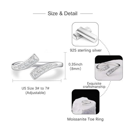 Moissanite Toe Ring for Women - 925 Sterling Silver 3mm 0.3CT Adjustable Round Moissanite Toe Ring Pinky Ring D Color VVS1 Size 3# to 7#