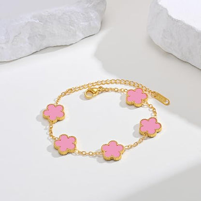 Women Gold Bracelets Jewelry Set - 3Pcs 18K Gold Plated Floral Bracelet,Stainless Steel Charm Bracelet Non-Tarnish,Adjustable Lucky Chain Trendy Gift,Christmas Valentines Birthday Gifts for Girlfriend - style: Pink