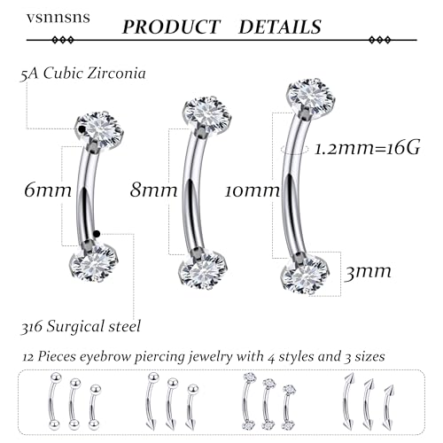 Rook Daith Piercing Jewelry 16G Stainless Surgical Steel Curved Barbell Eyebrow Rings Vertical Labret Lip Piercing Jewelry Rook Daith Earrings for Women Men 6MM 8MM 10MM Hypoallergenic - color: Silver-6MM 8MM 10MM