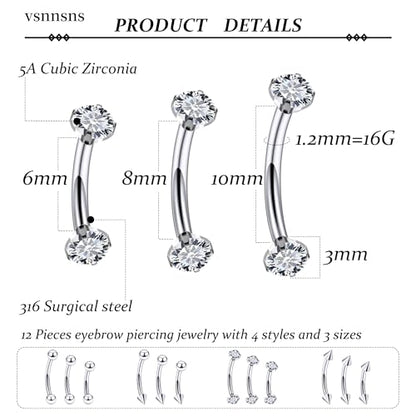 Rook Daith Piercing Jewelry 16G Stainless Surgical Steel Curved Barbell Eyebrow Rings Vertical Labret Lip Piercing Jewelry Rook Daith Earrings for Women Men 6MM 8MM 10MM Hypoallergenic - color: Silver-6MM 8MM 10MM