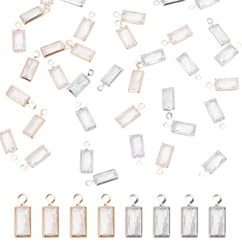 40Pcs 2 Colors Cubic Zirconia Rectangle Charms Clear Crystal Rhinestone Charms Dangle Bead Pendants Brass CZ Gem Pendants for Necklace Earrings Bracelet DIY Jewelry Making Craft