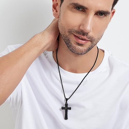 Men's Cross Necklace 316L Stainless Steel Large Heavy Cross Pendant for Men Polished Jewelry Rolo Chain with 22'' 24'' 26'' - color: C-black, size: 26 inch