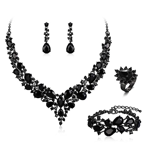 Wedding Bridal Jewelry Set for Women Bride Bridesmaids | Gorgeous Austrian Crystal Teardrop Cluster Statement Necklace Dangle Earrings Link Bracelet Set Prom Jewellery - color: 4Pcs-Black