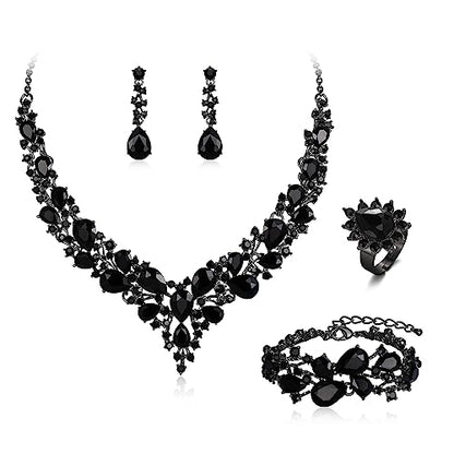 Wedding Bridal Jewelry Set for Women Bride Bridesmaids | Gorgeous Austrian Crystal Teardrop Cluster Statement Necklace Dangle Earrings Link Bracelet Set Prom Jewellery - color: 4Pcs-Black
