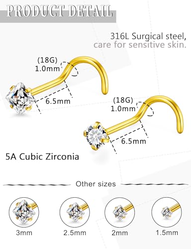 18G 20G 14K Gold Filled Nose Rings Studs Piercing Jewelry For Women Men 316L Surgical Steel Round Square Cubic Zirconia Nose Rings Studs Nostrial Piercing Jewelry CZ 1.5mm 2mm 2.5mm 3mm - color: 14K Gold Plated, size: 18 Gauge-Screw-Round and Square CZ