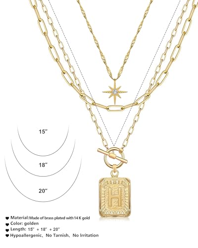 MJartoria Layered Initial Necklaces for Women | 14K Gold Plated Brass, Star Choker, Square Letter Pendant, Paperclip Chain - color: Gold, style: H