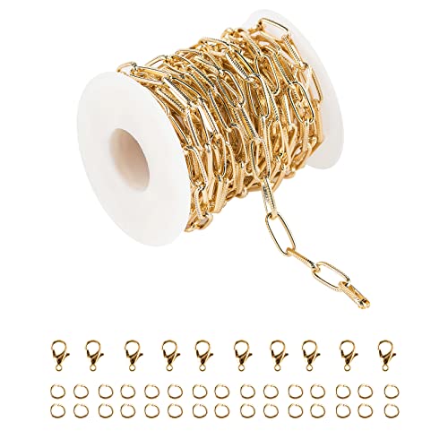 16.4 Feet Aluminum Oval Light Gold Chains for Jewelry Making Unwelded Textured Paperclip Link Cable Chain Roll Necklace Chains Bulk with Lobster Clasps and Jump Rings - color: 6.5×15.5mm-Gold