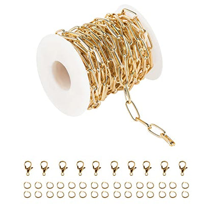 16.4 Feet Aluminum Oval Light Gold Chains for Jewelry Making Unwelded Textured Paperclip Link Cable Chain Roll Necklace Chains Bulk with Lobster Clasps and Jump Rings - color: 6.5×15.5mm-Gold