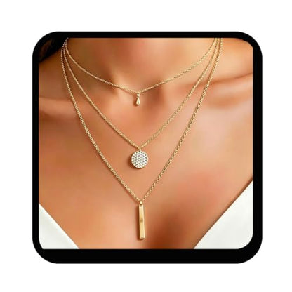Yalice Dainty Gold/Silver Layered Necklace Chain for Women Sequins Bar Pendant Trendy Jewelry Gift - color: Gold