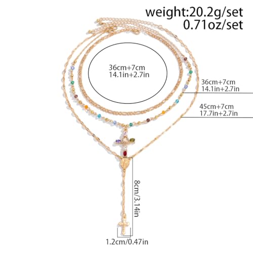 GIGB PBDK Gold Cross Layered Necklaces for Women,Long Colorful Crystal Drop Necklace Unique Big Crucifix Necklace Set,Aesthetic Religious Jewelry Accessories - color: Gold1
