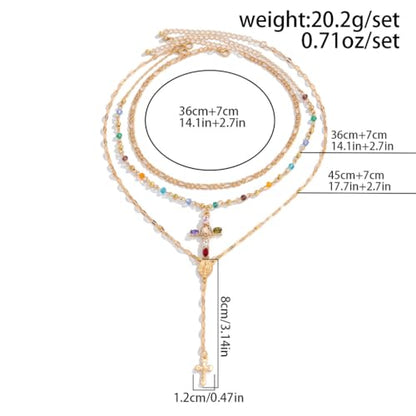 GIGB PBDK Gold Cross Layered Necklaces for Women,Long Colorful Crystal Drop Necklace Unique Big Crucifix Necklace Set,Aesthetic Religious Jewelry Accessories - color: Gold1