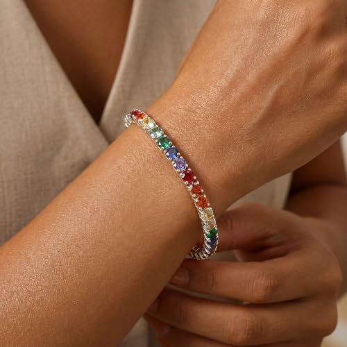 925 Sterling Silver Bracelets for Women Stack, Trendy Tennis Bangle Cuff Jewelry Set 14K Gold Plated, Adjustable Bracelet Set for Wrist Essentials, Women Fashion Watch Band Acecessories - style: SZ-TENNIS-rainbow4mm-silver