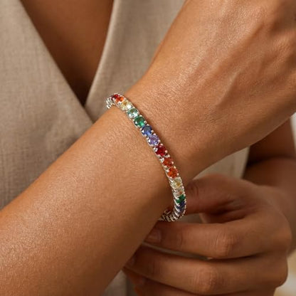 925 Sterling Silver Bracelets for Women Stack, Trendy Tennis Bangle Cuff Jewelry Set 14K Gold Plated, Adjustable Bracelet Set for Wrist Essentials, Women Fashion Watch Band Acecessories - style: SZ-TENNIS-rainbow4mm-silver