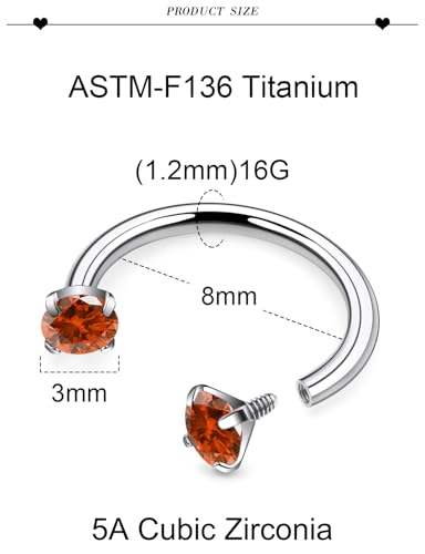 16G F136 Titanium Internal Thread Horseshoe Septum Nose Ring Piercing Jewelry Circular Barbell Helix Snug Tragus Rook Daith Cartilage Earring Lip Ring Piercing Jewelry for Women Men 8MM 10MM - style: 16G, 8MM Length, Orange CZ